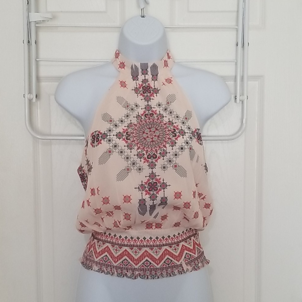 Papaya Peach Halter Neck Printed Blouse with Red and Black Accents